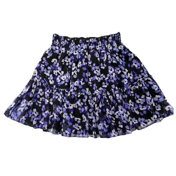 Kate Spade Purple Silk Mini Skirt Multi Floral Hydrangea Chiffon Tiered Black XS - Picture 1 of 13